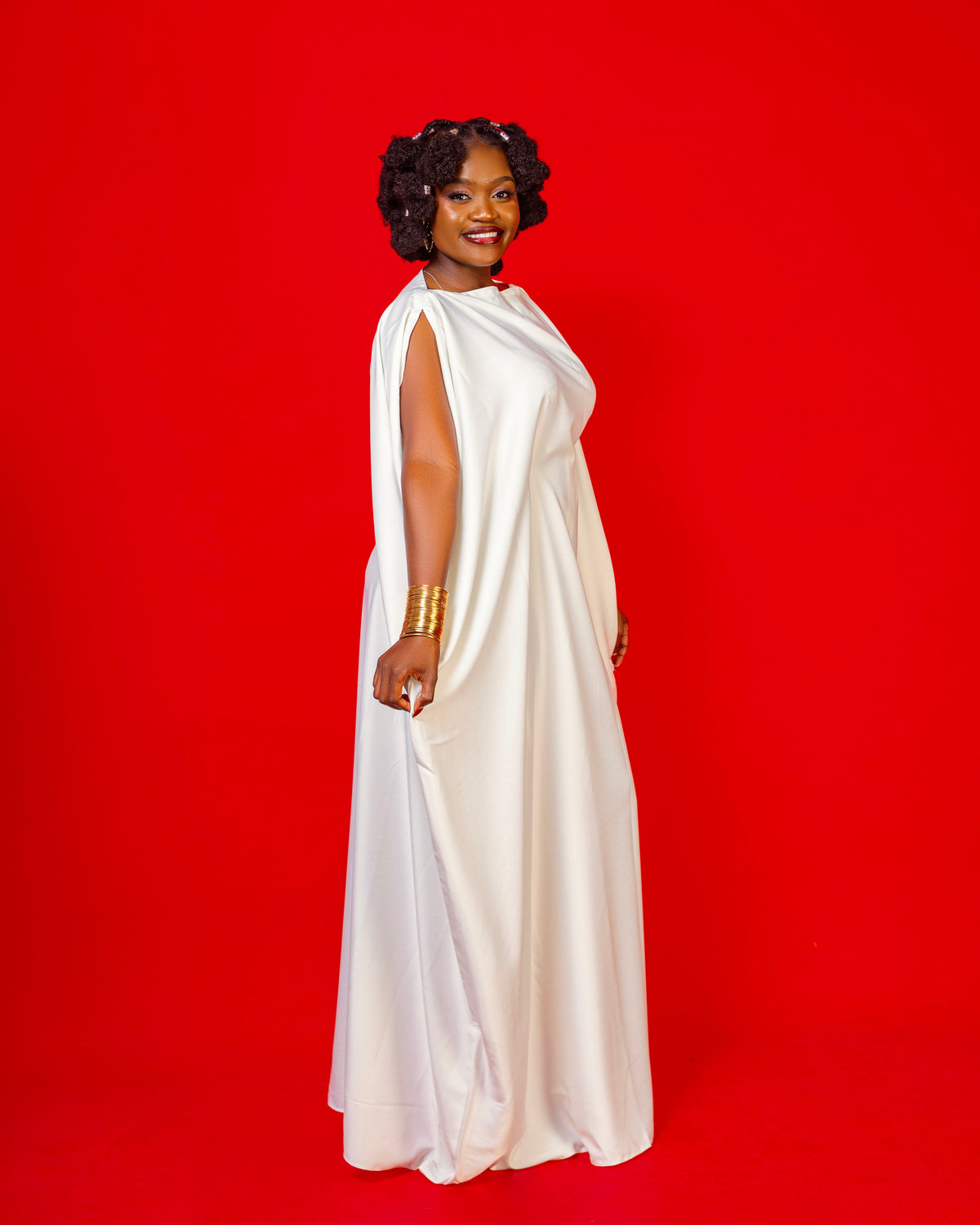 Nuru Elegant Crepe Kaftan Dress | Contemporary Women's Maxi Gown - White
