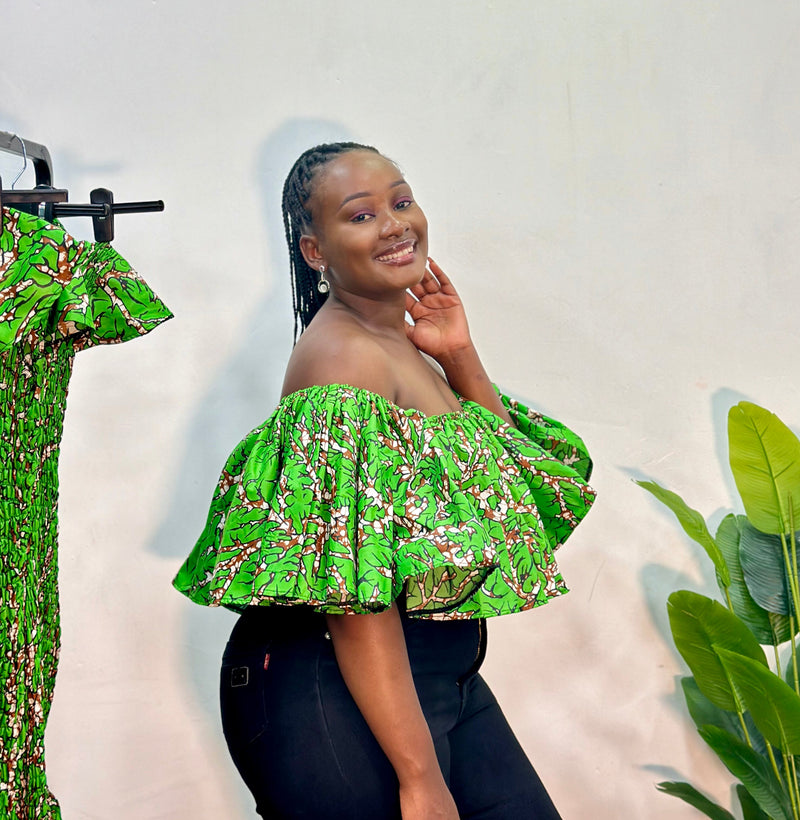 Zari Women's African Print Off-shoulder Top - Green
