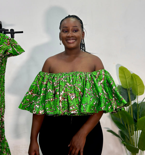Zari Women's African Print Off-shoulder Top - Green