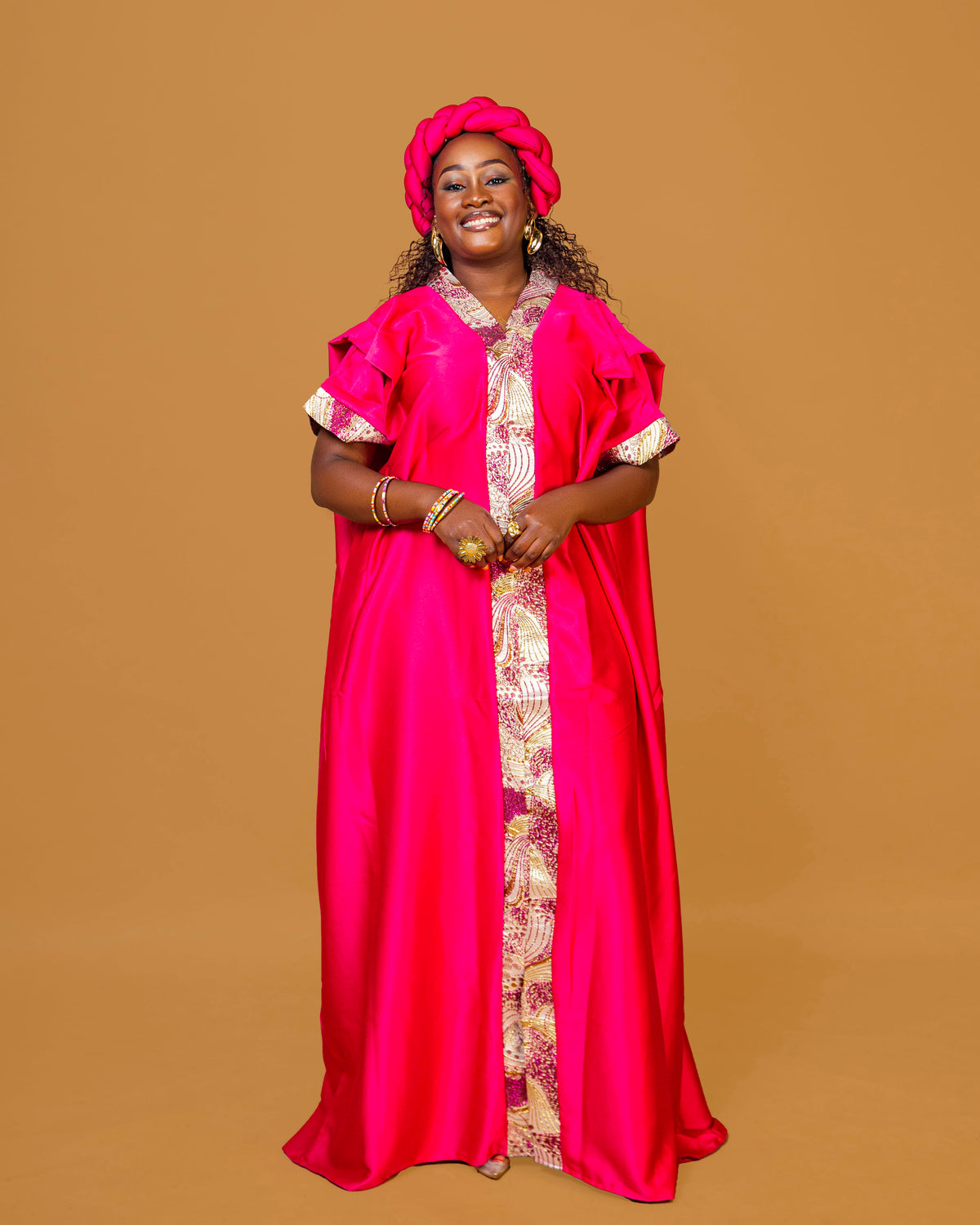 Regal Heritage Heavy Silk & Brocade Maxi Dress with Headpiece - Pink