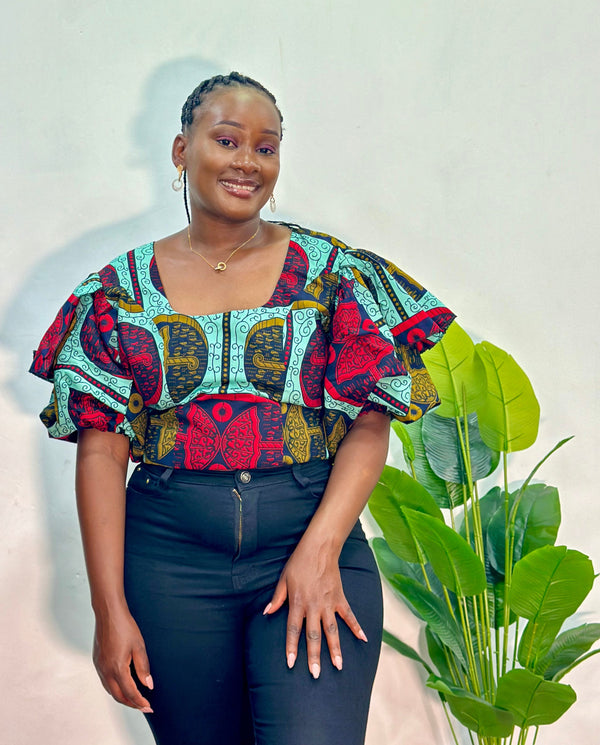 Amne Women's African Print Ruffle Top - Blue