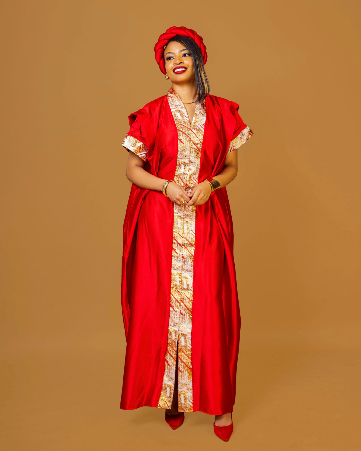 Regal Heritage Heavy Silk & Brocade Maxi Dress with Headpiece - Red