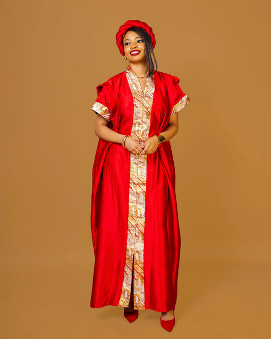 Regal Heritage Heavy Silk & Brocade Maxi Dress with Headpiece - Red