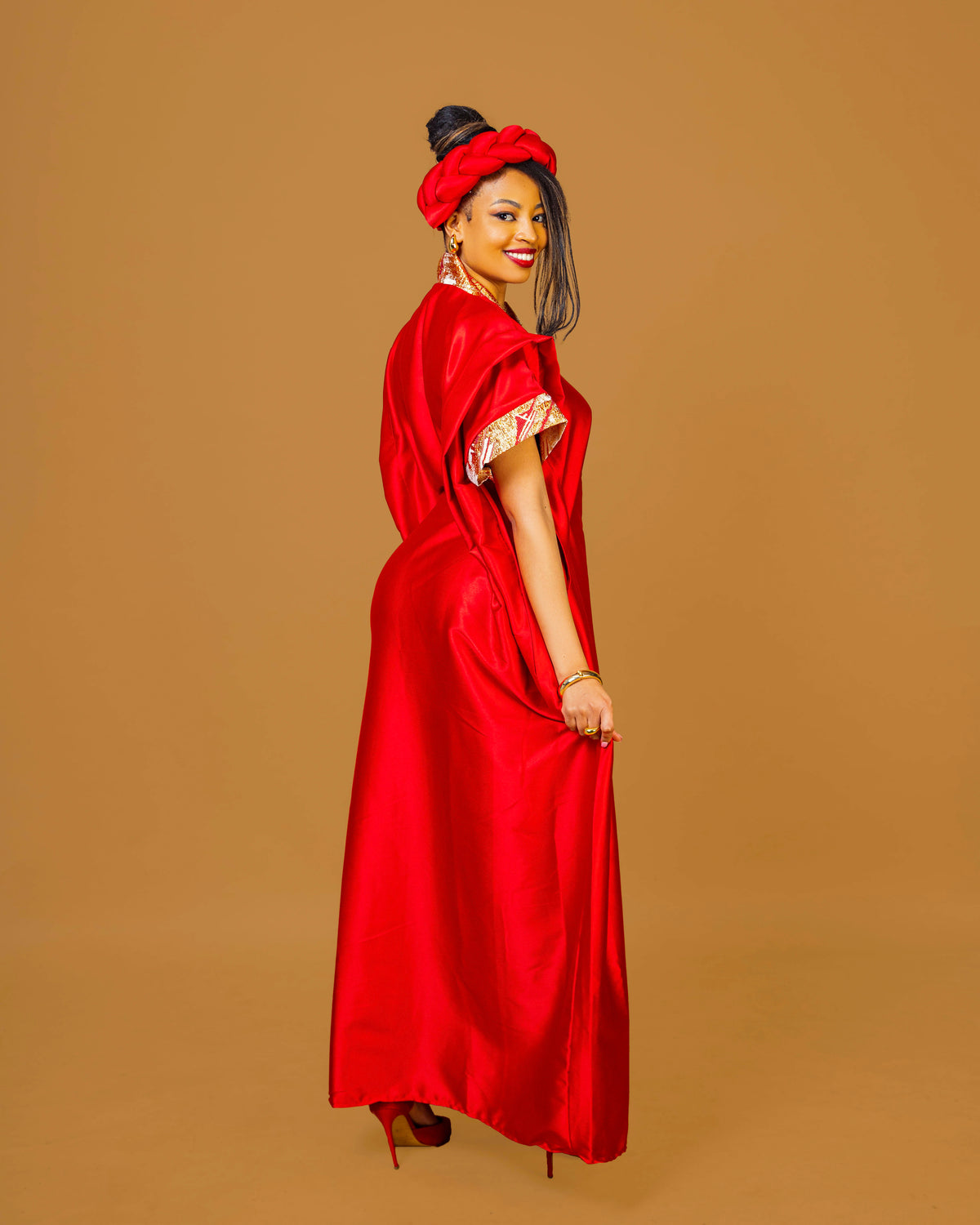 Regal Heritage Heavy Silk & Brocade Maxi Dress with Headpiece - Red