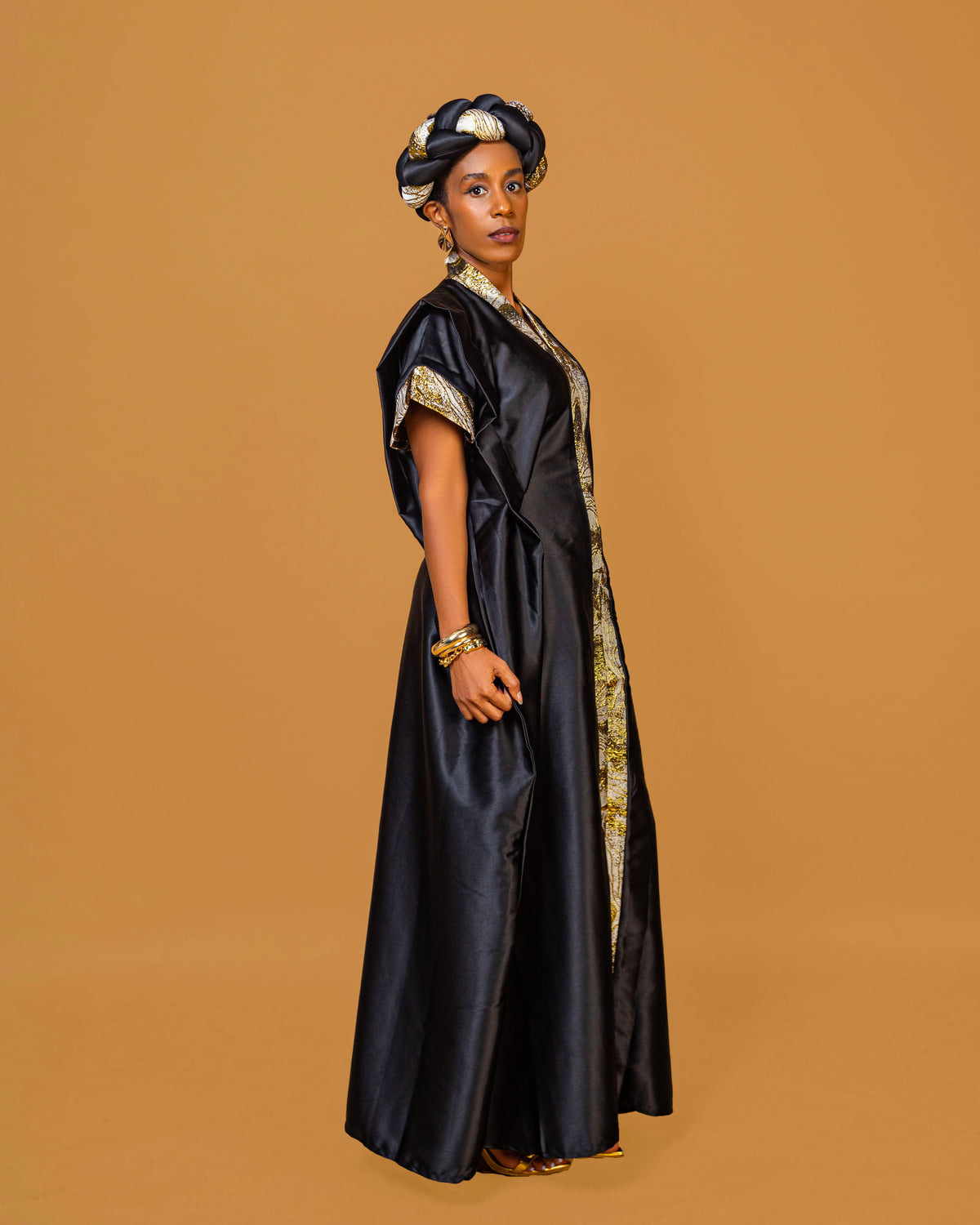 Regal Heritage Heavy Silk & Brocade Maxi Dress with Headpiece - Black