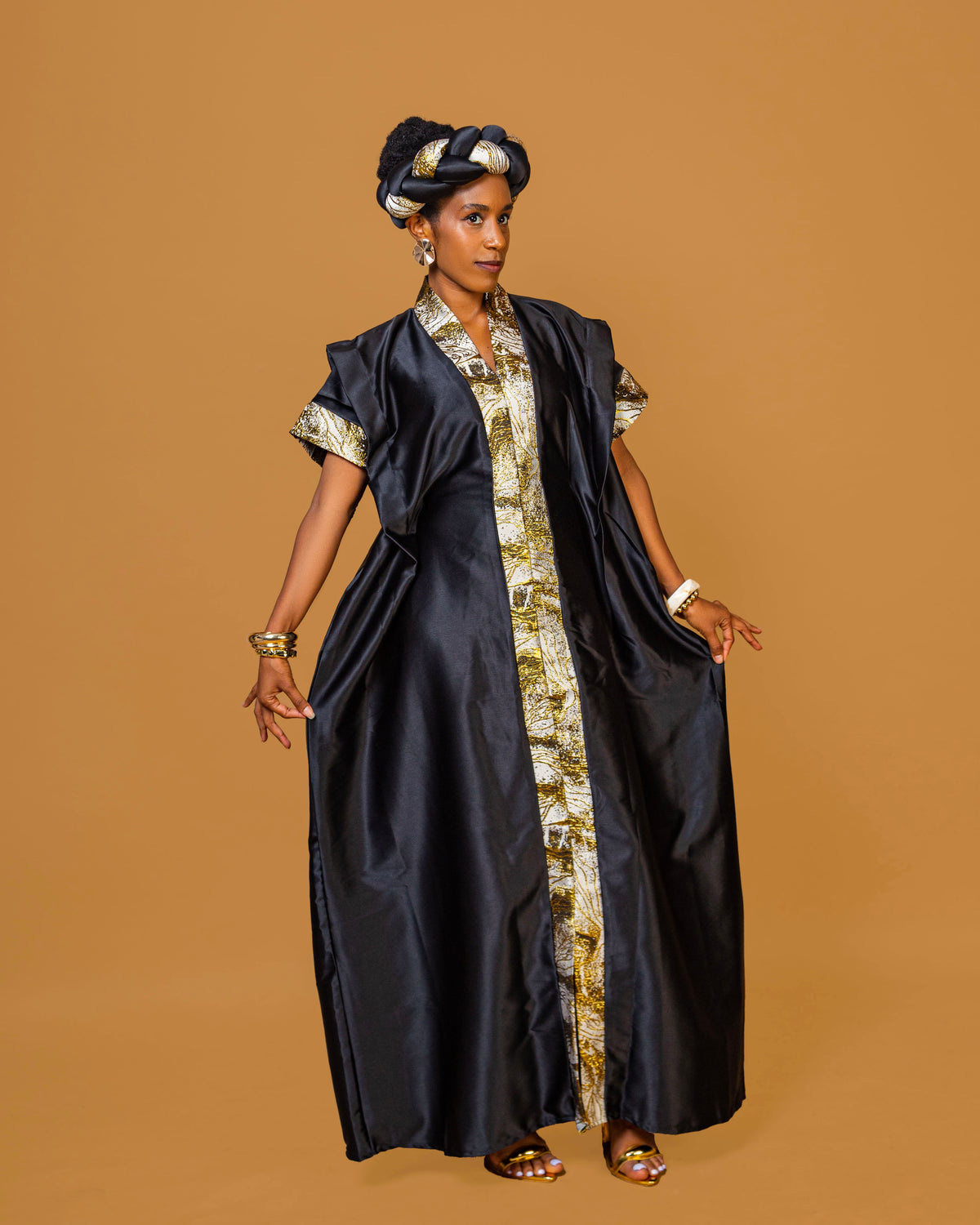 Regal Heritage Heavy Silk & Brocade Maxi Dress with Headpiece - Black