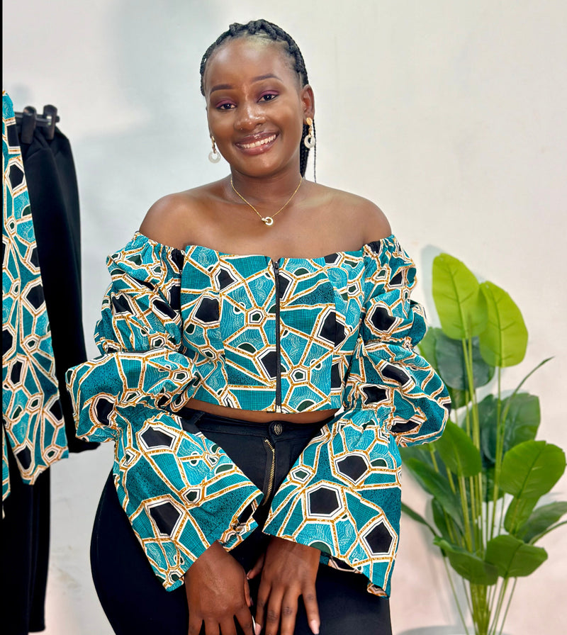 Yuna Women's African Print Off-Shoulder Crop Top - Blue