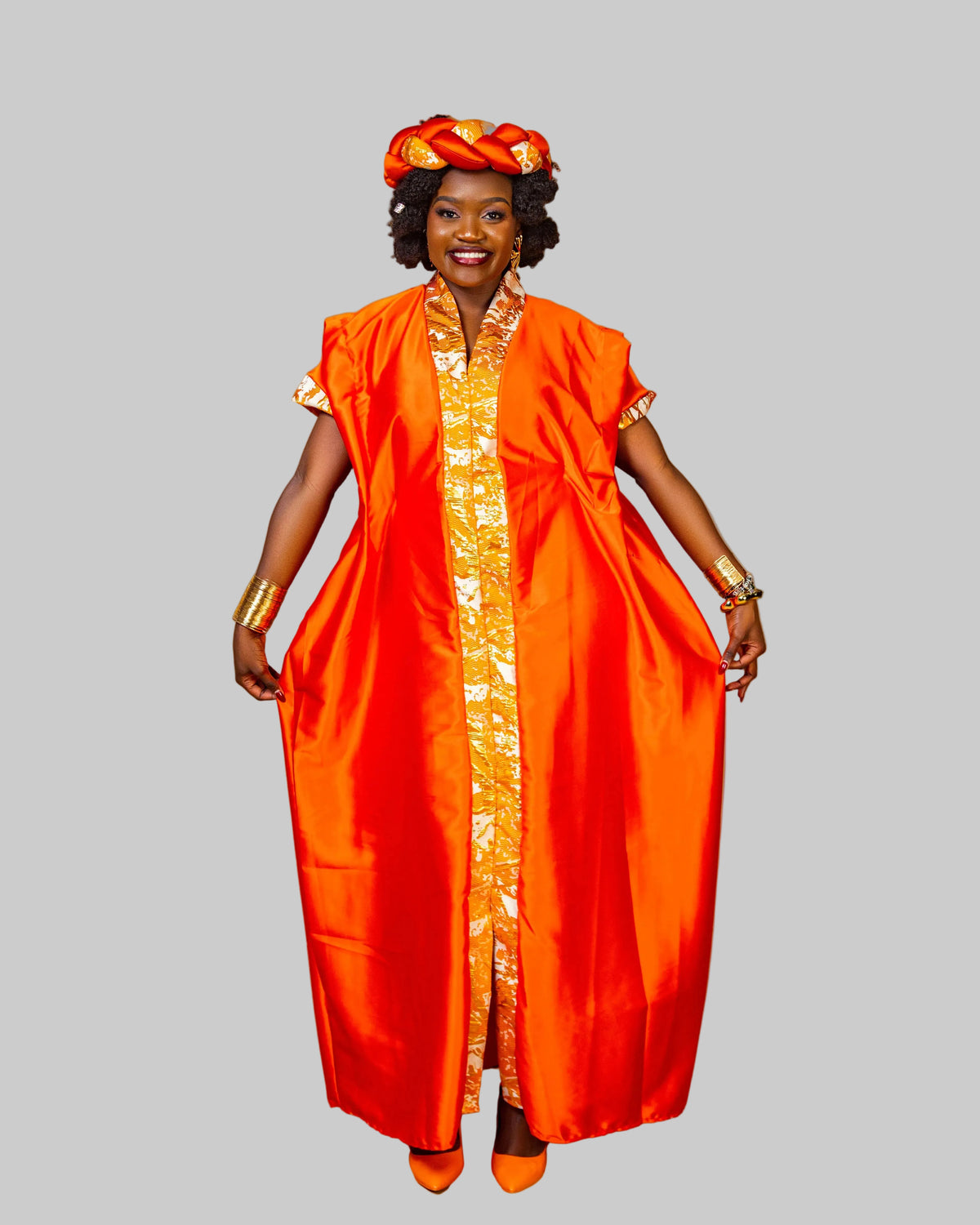 Regal Heritage Heavy Silk & Brocade Maxi Dress with Headpiece - Orange