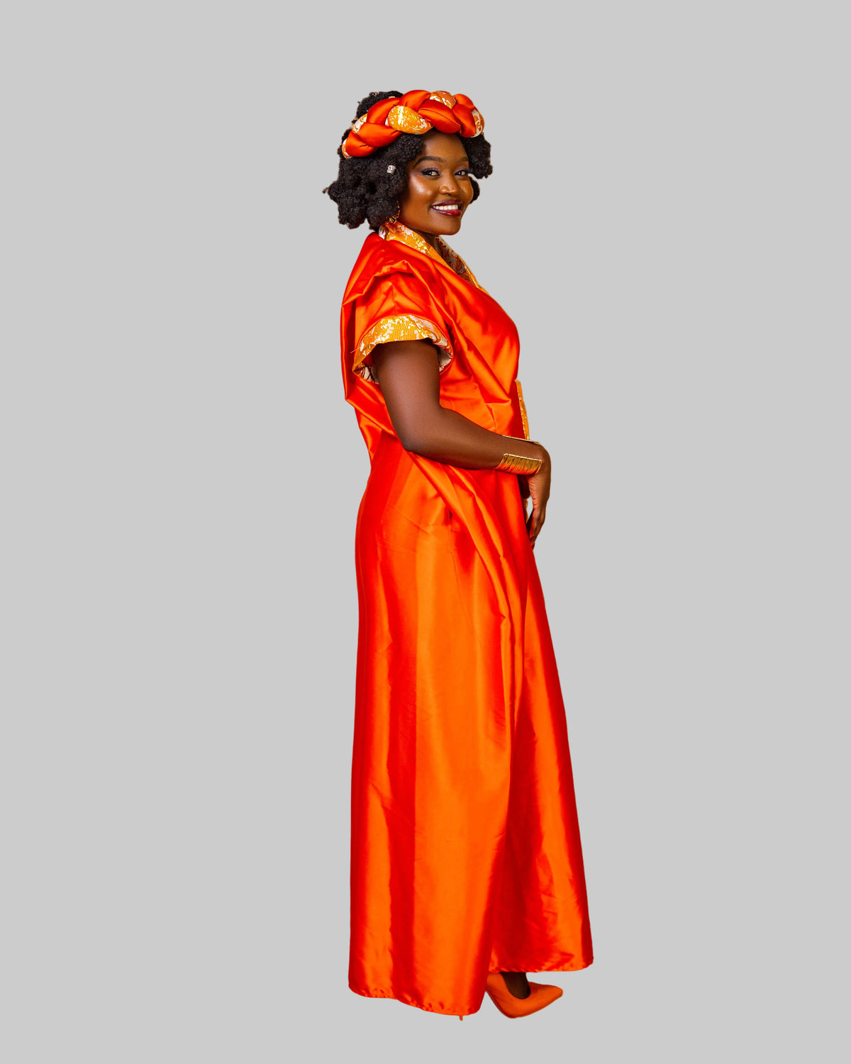 Regal Heritage Heavy Silk & Brocade Maxi Dress with Headpiece - Orange