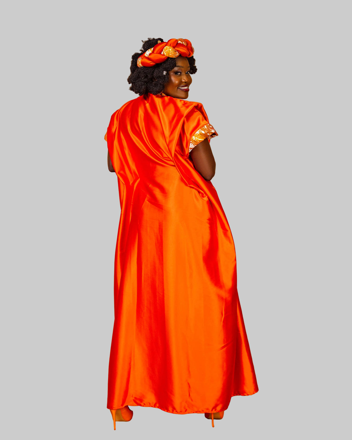 Regal Heritage Heavy Silk & Brocade Maxi Dress with Headpiece - Orange