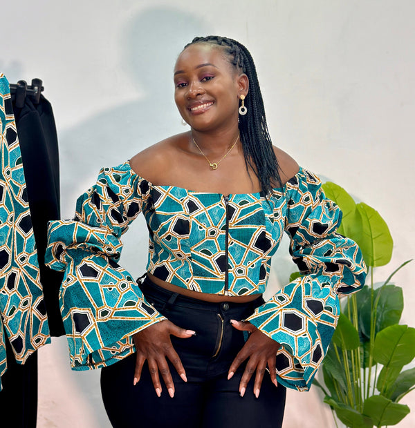 Yuna Women's African Print Off-Shoulder Crop Top - Blue