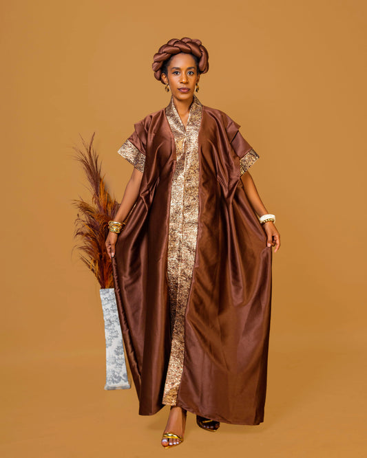 Regal Heritage Heavy Silk & Brocade Maxi Dress with Headpiece - Brown