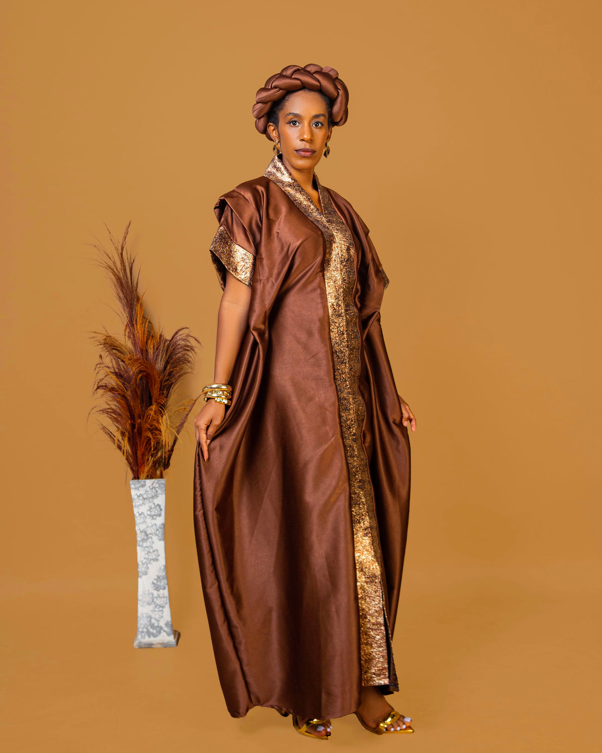 Regal Heritage Heavy Silk & Brocade Maxi Dress with Headpiece - Brown