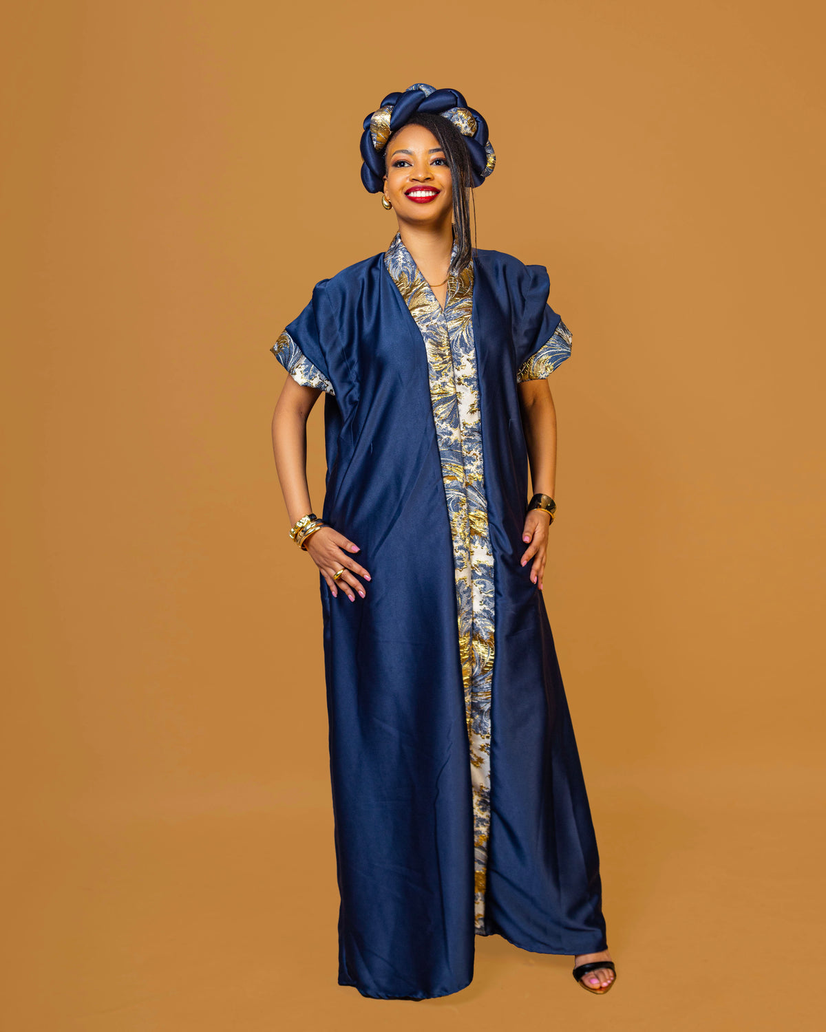 Regal Heritage Heavy Silk & Brocade Maxi Dress with Headpiece - Blue