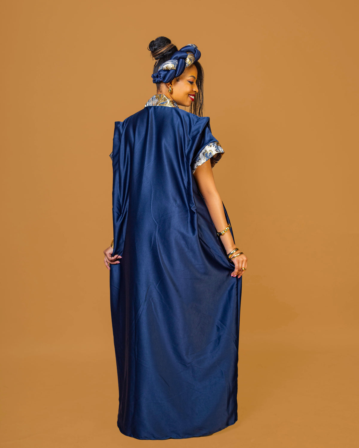 Regal Heritage Heavy Silk & Brocade Maxi Dress with Headpiece - Blue