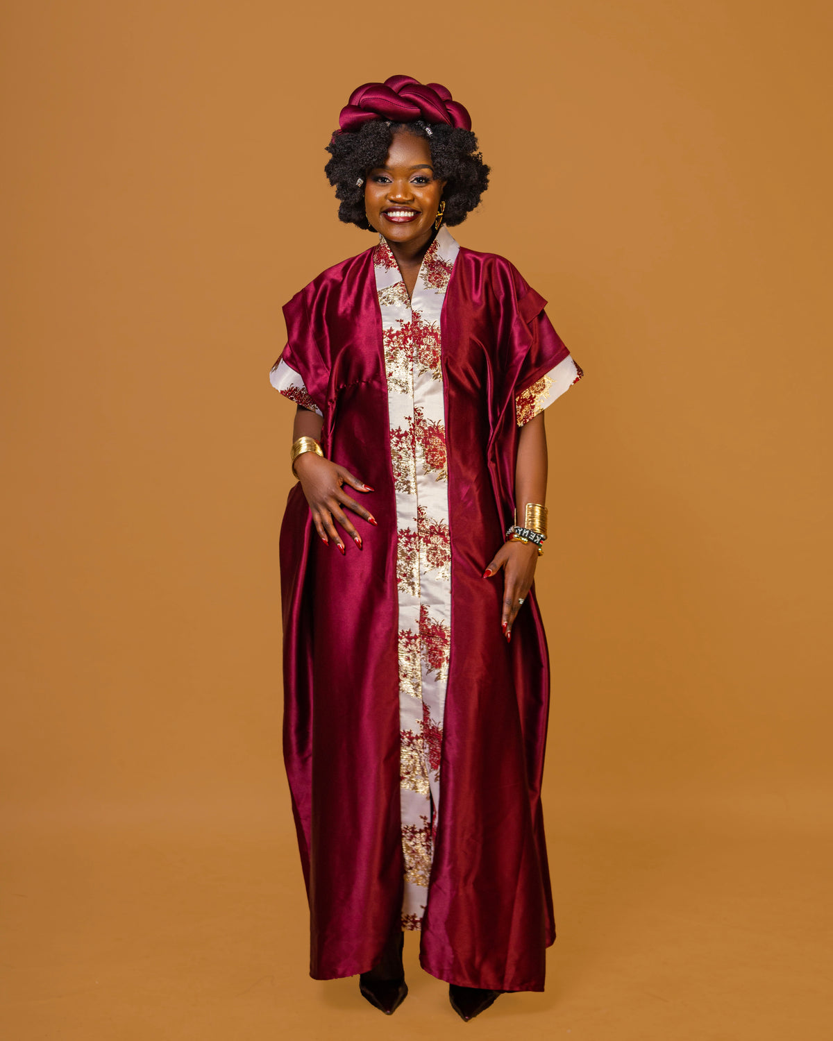 Regal Heritage Heavy Silk & Brocade Maxi Dress with Headpiece - Burgundy