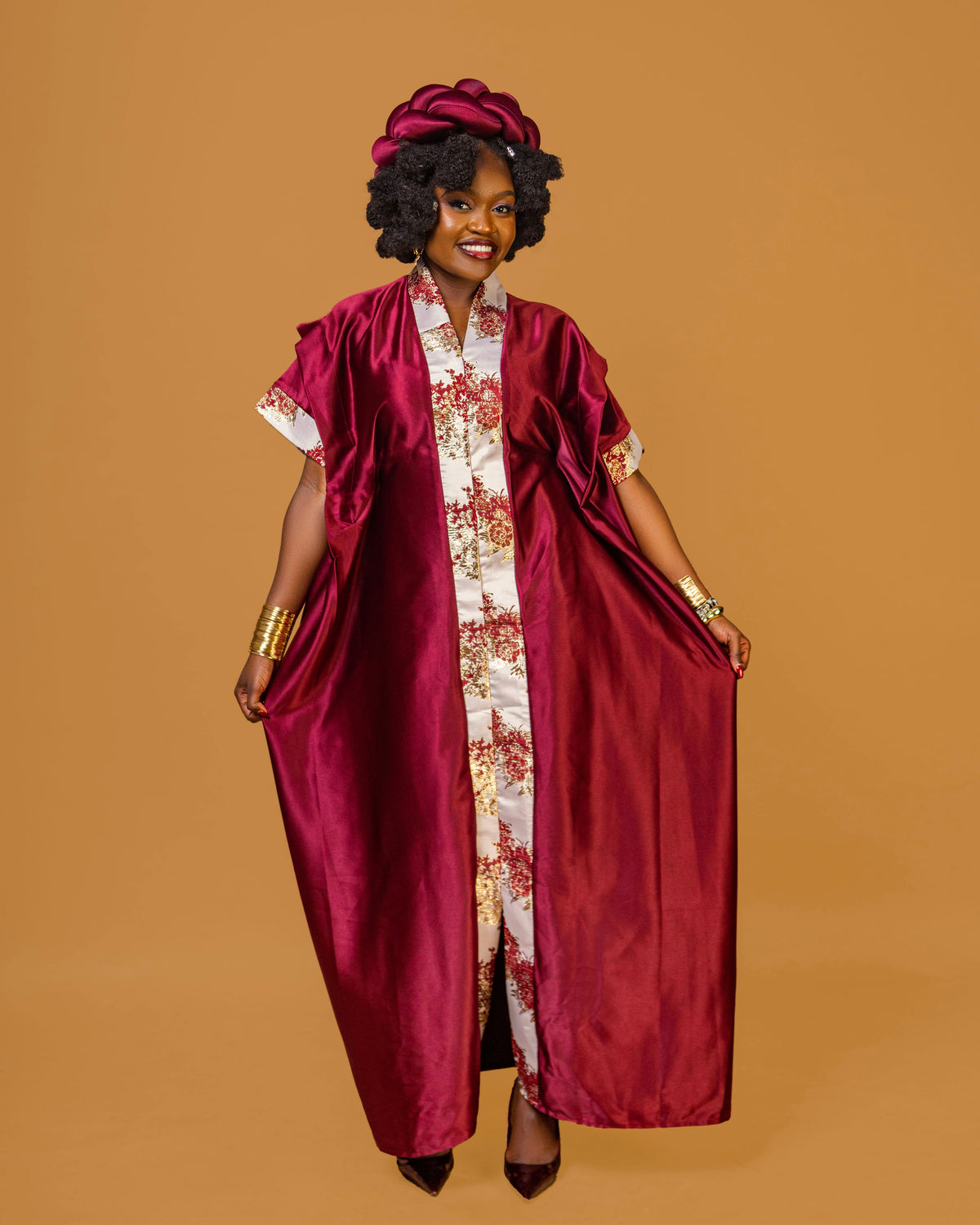 Regal Heritage Heavy Silk & Brocade Maxi Dress with Headpiece - Burgundy