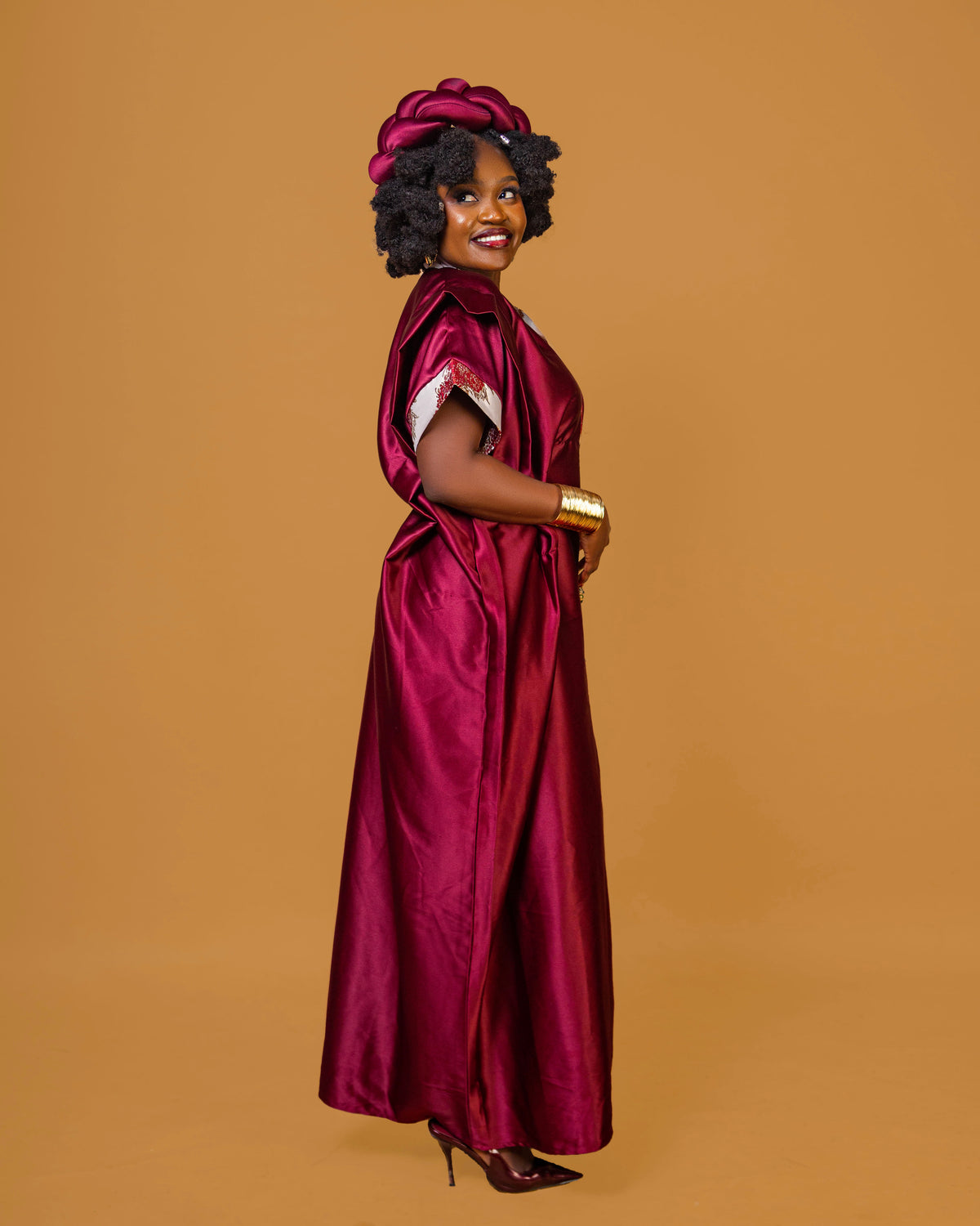 Regal Heritage Heavy Silk & Brocade Maxi Dress with Headpiece - Burgundy
