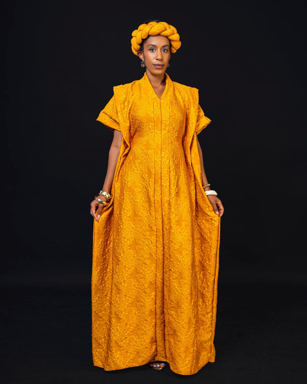 Noma Textured Crepe Maxi Kaftan with Matching Headpiece Set - Yellow