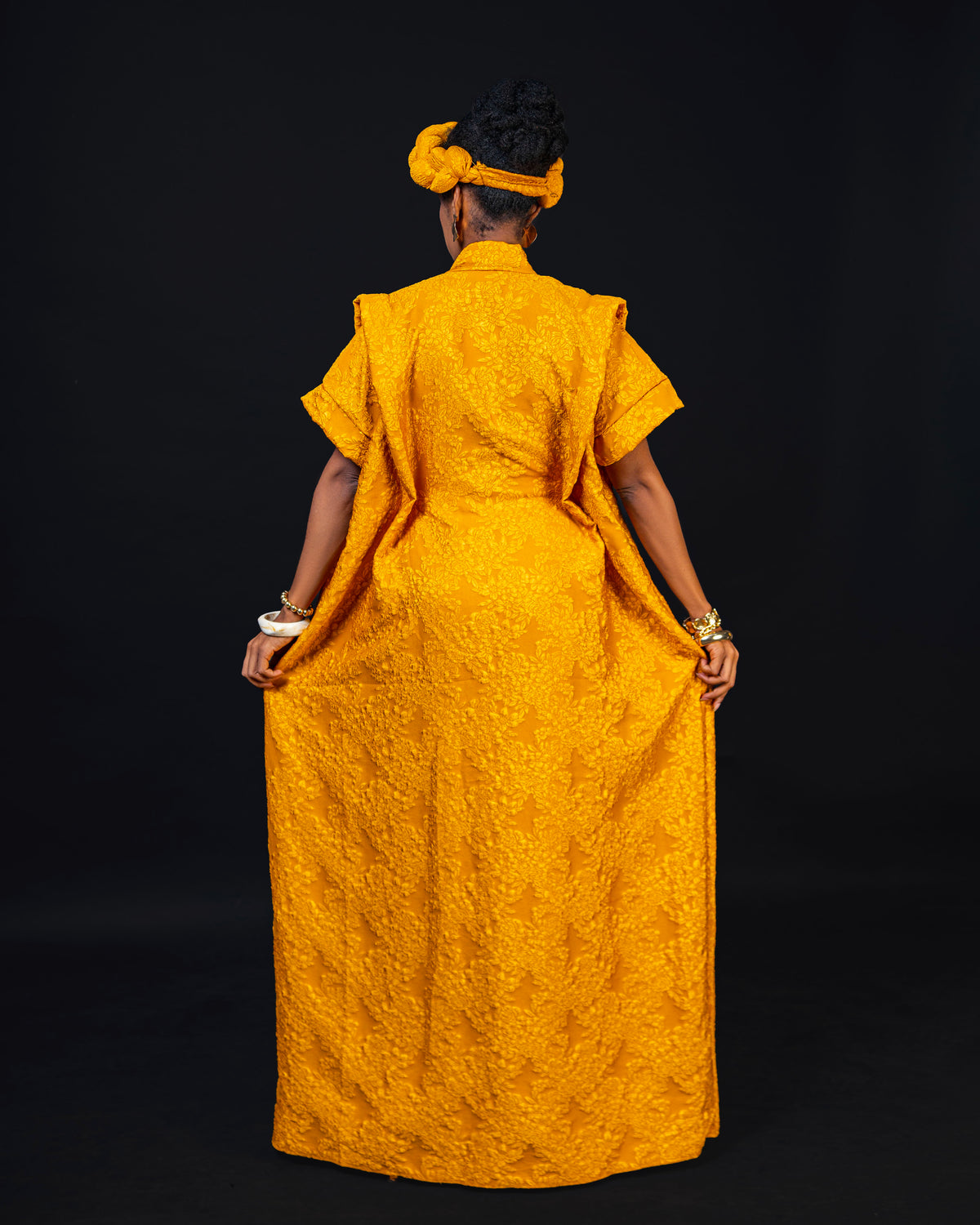 Noma Textured Crepe Maxi Kaftan with Matching Headpiece Set - Yellow
