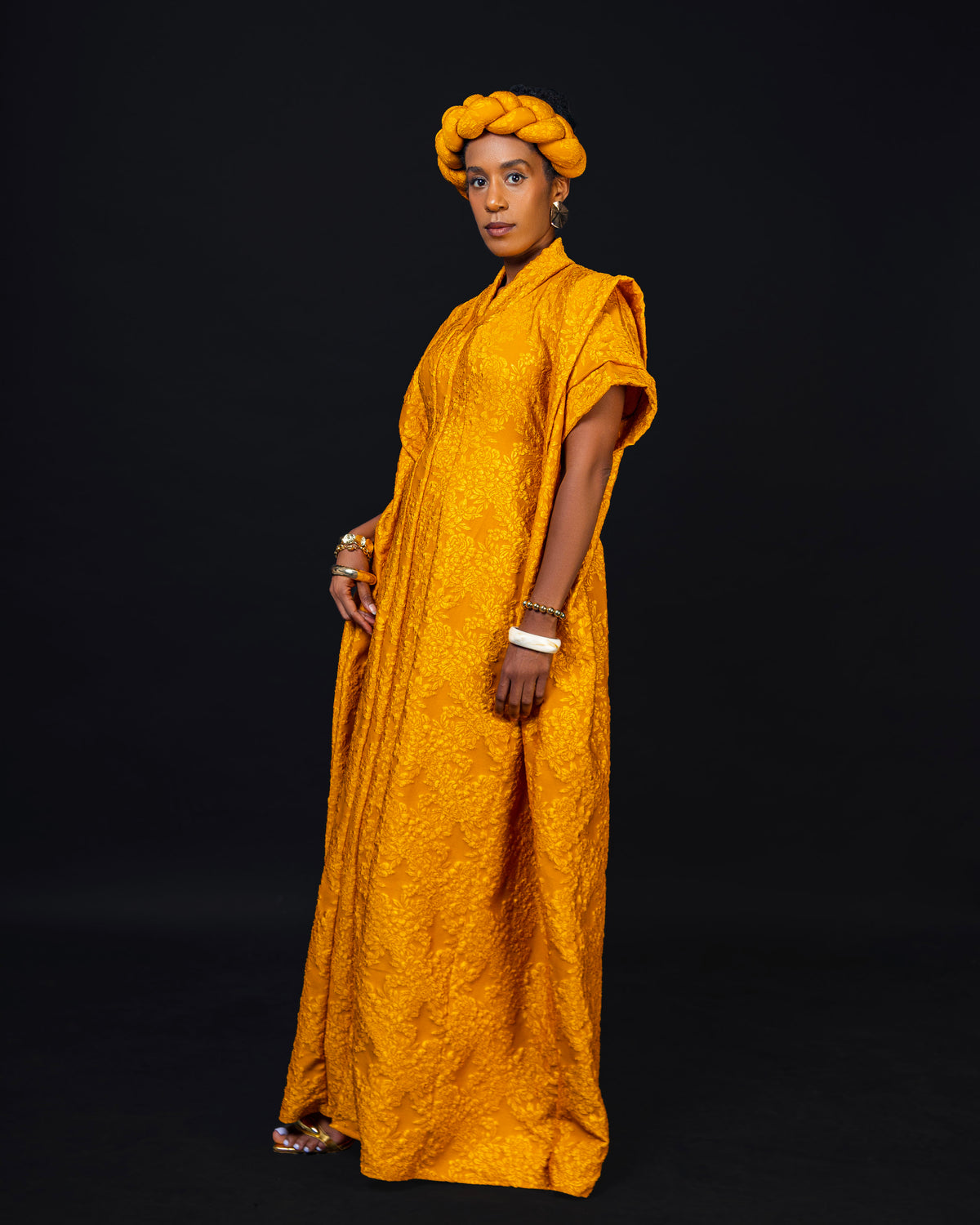 Noma Textured Crepe Maxi Kaftan with Matching Headpiece Set - Yellow