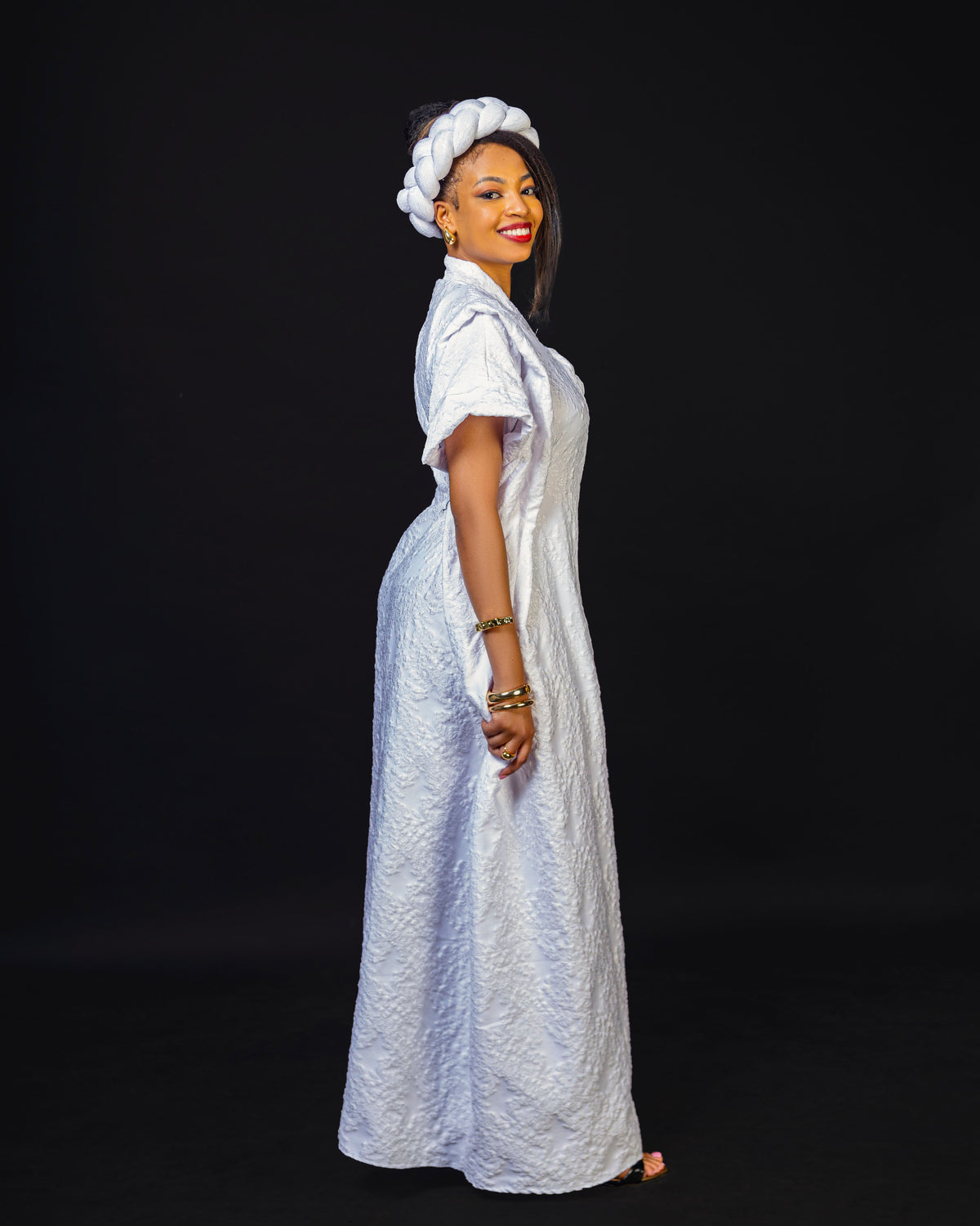 Noma Textured Crepe Maxi Kaftan with Matching Headpiece Set - White