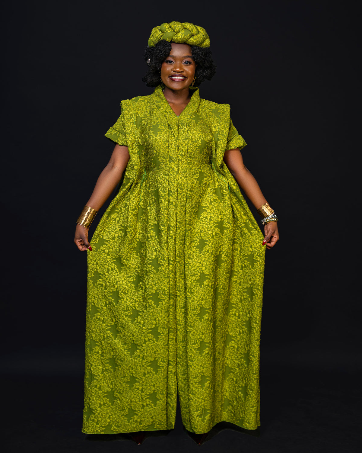 Noma Textured Crepe Maxi Kaftan with Matching Headpiece Set - Lime Green