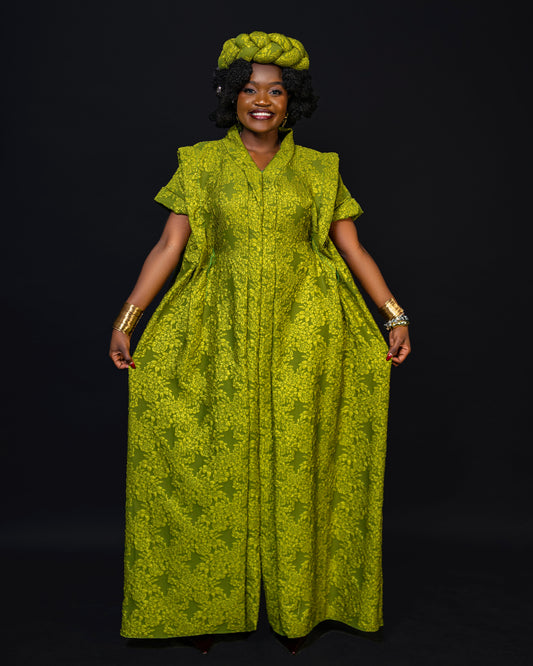 Noma Textured Crepe Maxi Kaftan with Matching Headpiece Set - Lime Green
