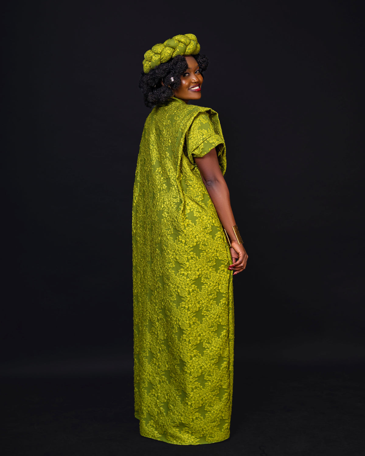 Noma Textured Crepe Maxi Kaftan with Matching Headpiece Set - Lime Green