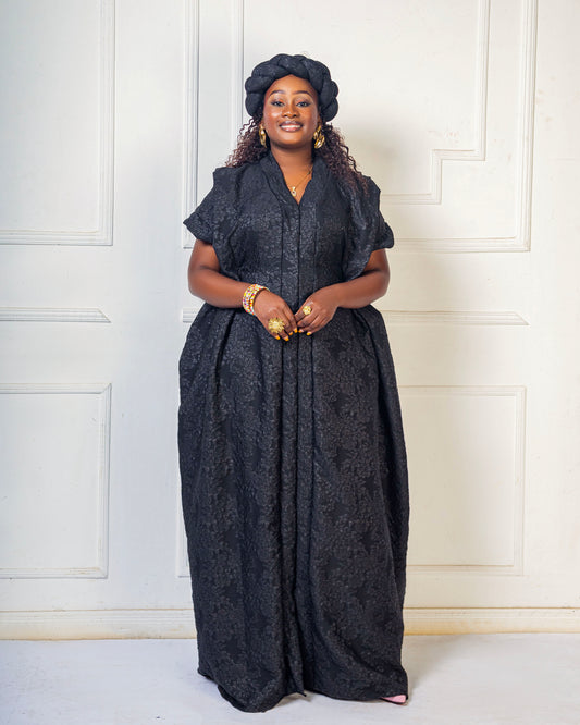 Noma Textured Crepe Maxi Kaftan with Matching Headpiece Set - Black