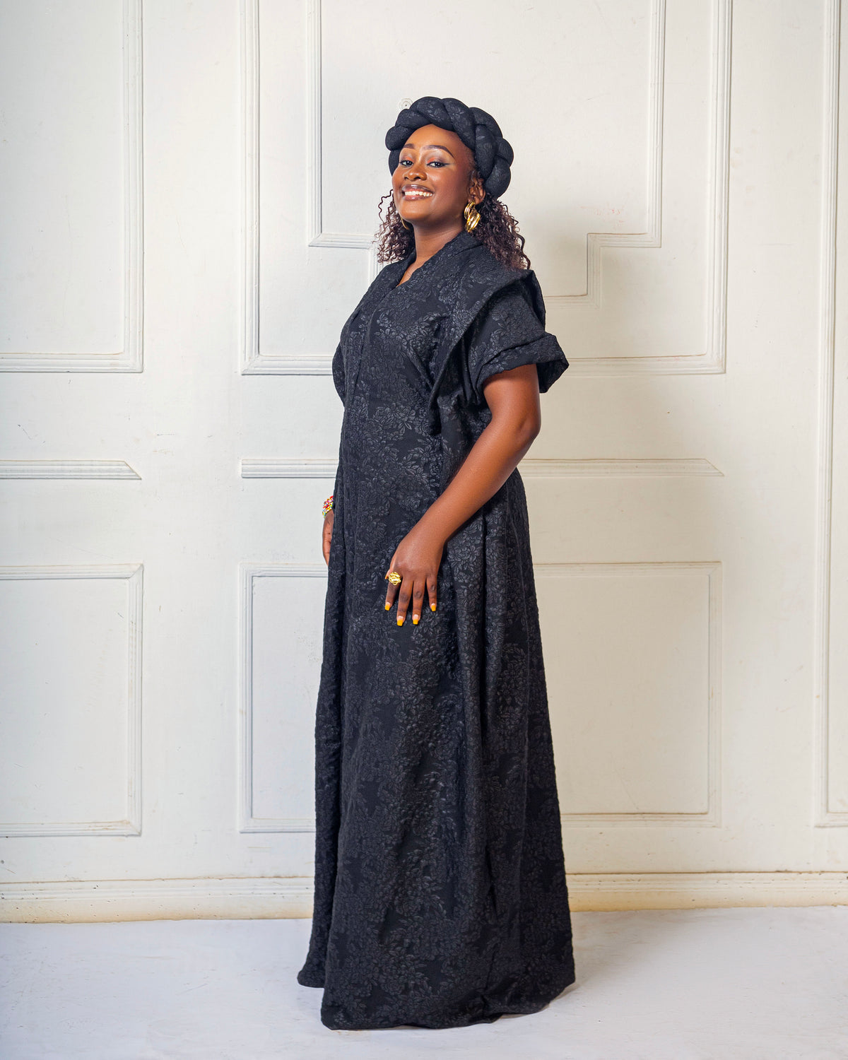 Noma Textured Crepe Maxi Kaftan with Matching Headpiece Set - Black