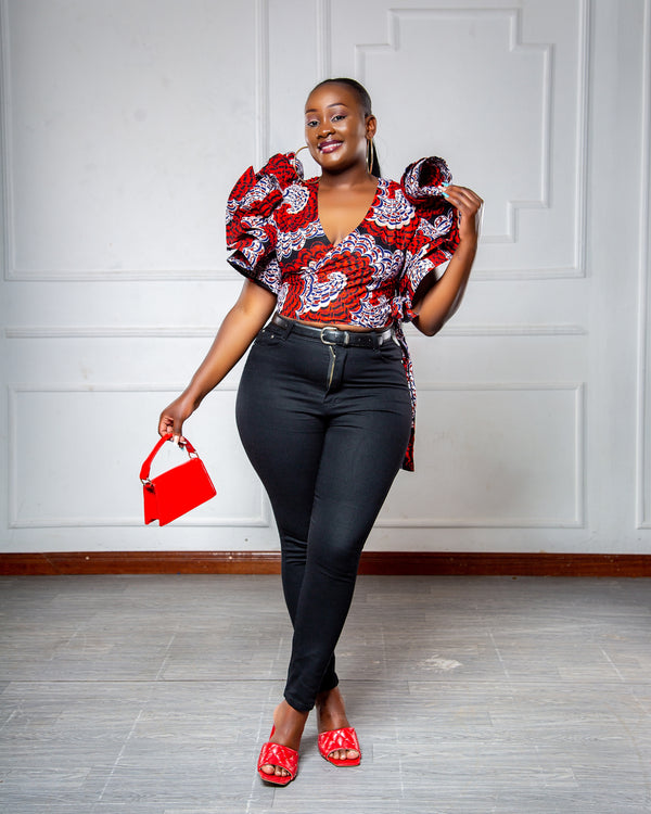 Mimi Women's African Print Ruffle Top - Red