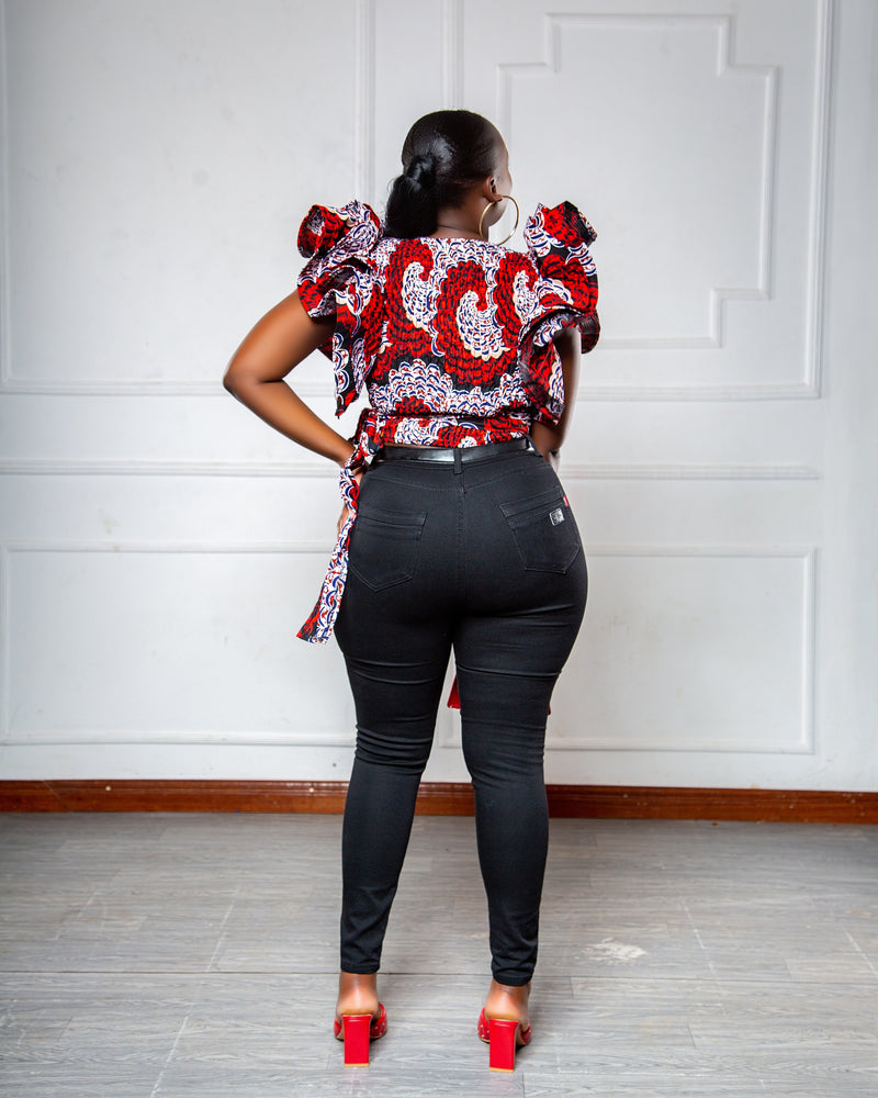 Mimi Women's African Print Ruffle Top - Red