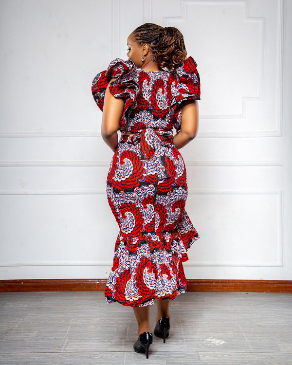 Dali Shirred African Print Ruffled Crop Top with Matching Skirt- Red