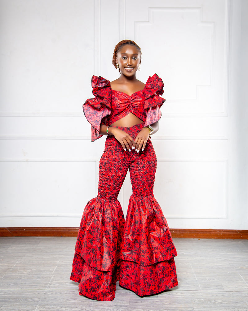 Kimi Women's African Print Bell Bottom Pants- Red