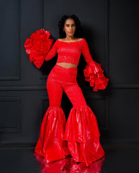 Soso Women's African Print Top with Dramatic Sleeves - Red Plain Print