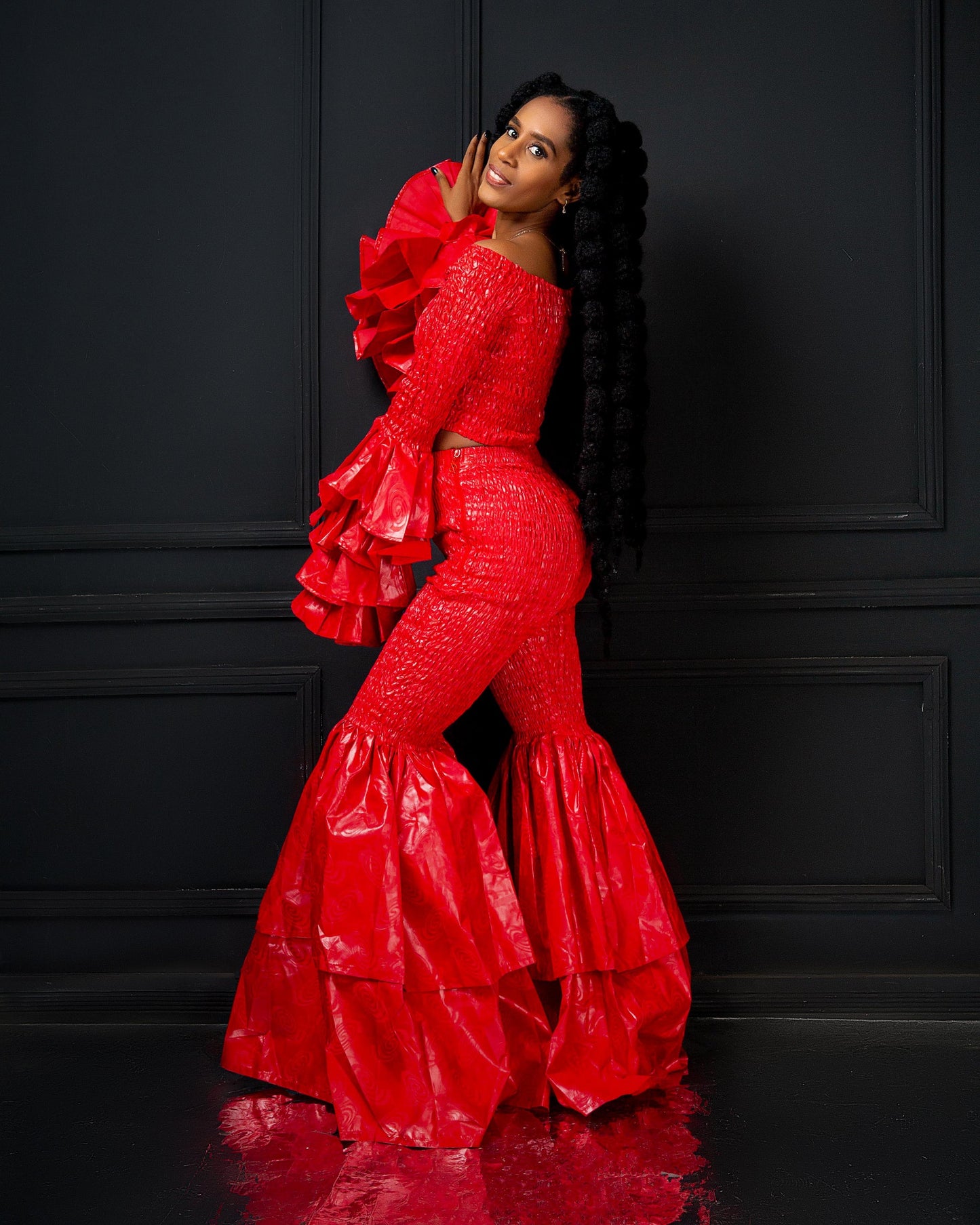 Kimi Women's African Print Bell Bottom Pants only- Red Plain