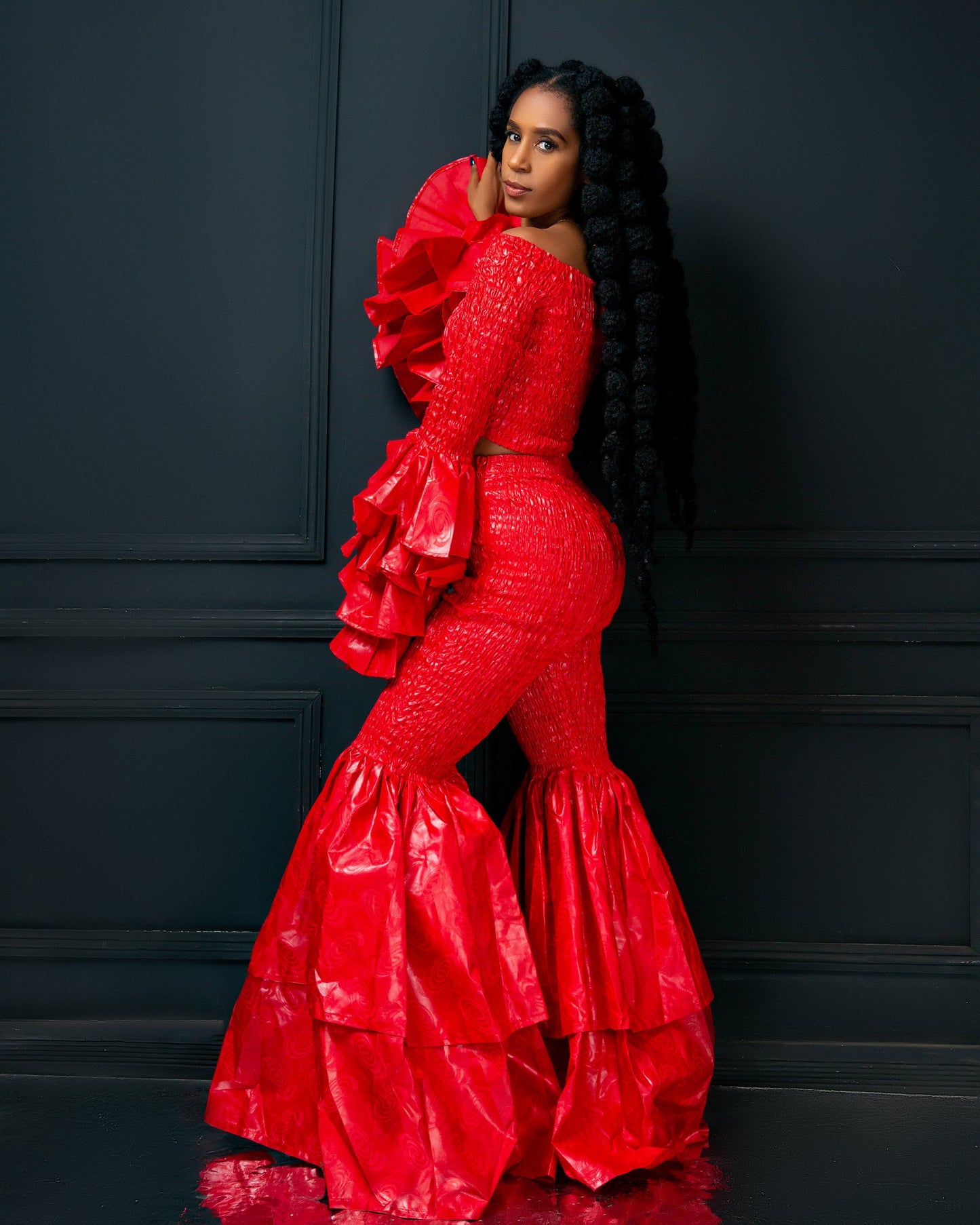 Kimi Women's African Print Bell Bottom Pants only- Red Plain