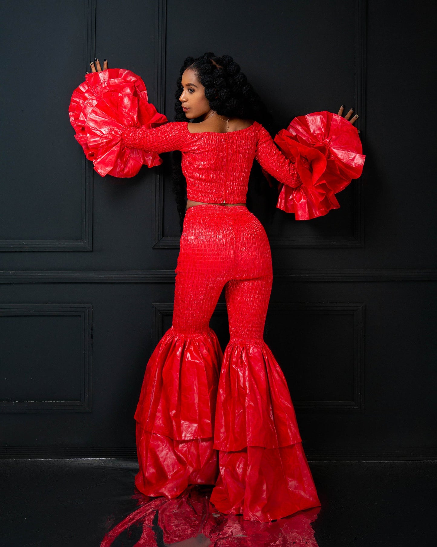 Kimi Women's African Print Bell Bottom Pants only- Red Plain