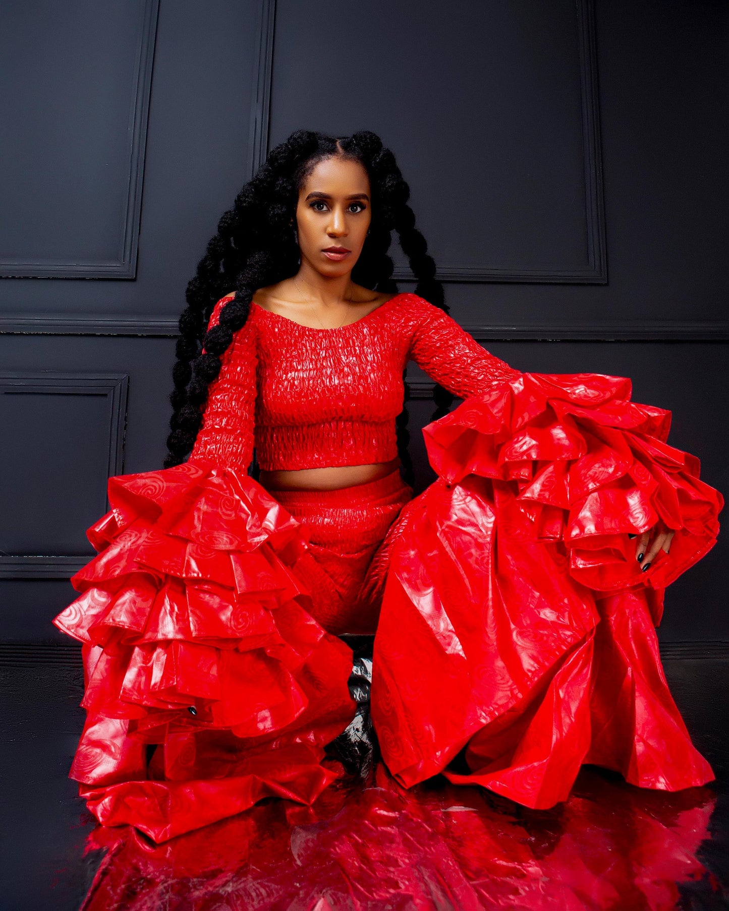 Kimi Women's African Print Bell Bottom Pants only- Red Plain