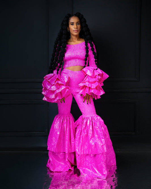 Soso Women's African Print Top with Dramatic Sleeves - Pink Plain Print