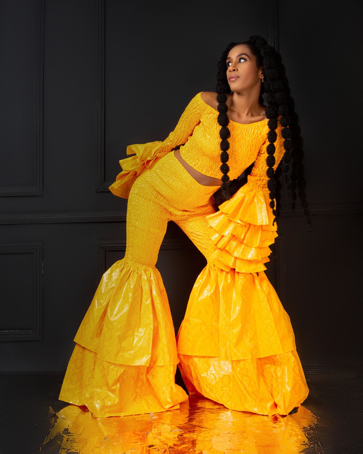 Kimi Women's African Print Bell Bottom Pants only- Yellow Plain