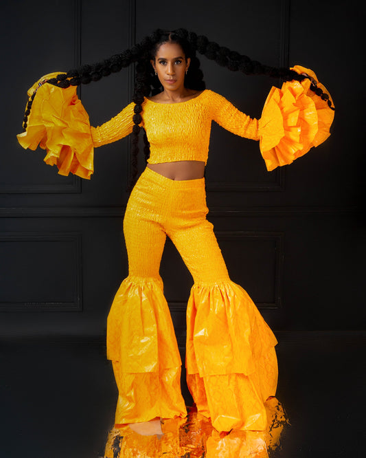 Soso Women's African Print Top with Dramatic Sleeves - Yellow Plain Print