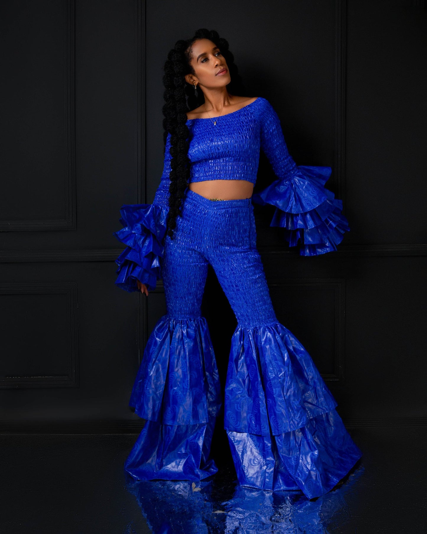 Kimi Women's African Print Bell Bottom Pants only- Blue Plain