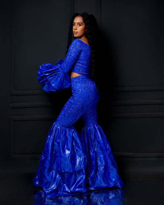 Kimi Women's African Print Bell Bottom Pants only- Blue Plain