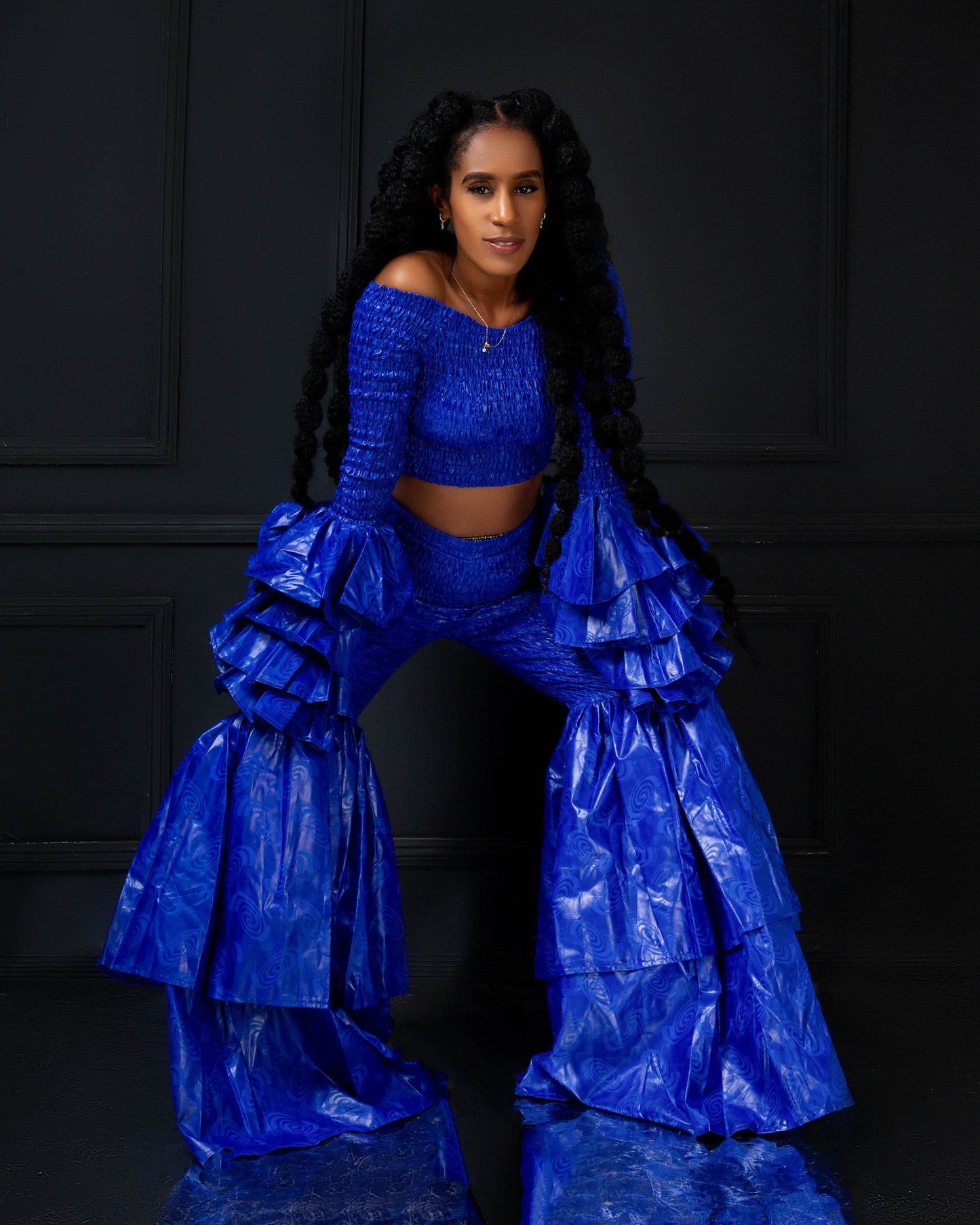 Kimi Women's African Print Bell Bottom Pants only- Blue Plain