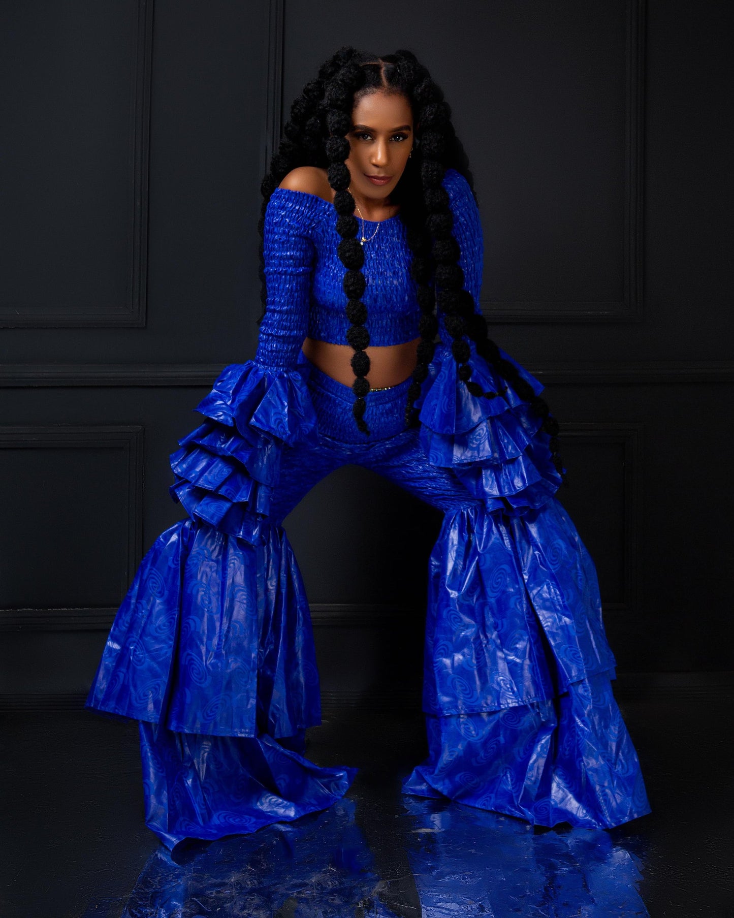 Kimi Women's African Print Bell Bottom Pants only- Blue Plain