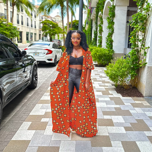 Jiji Orange African Print Kimono plus matching headwrap