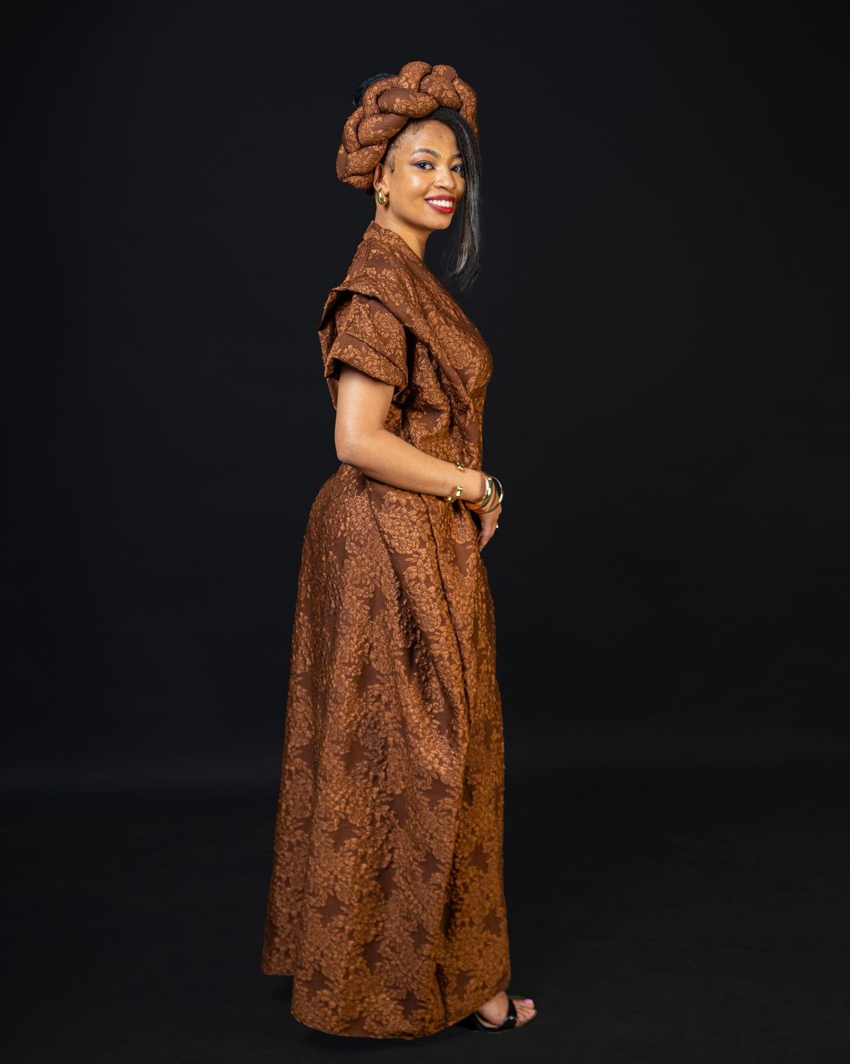 Noma Textured Crepe Maxi Kaftan with Matching Headpiece Set - Brown