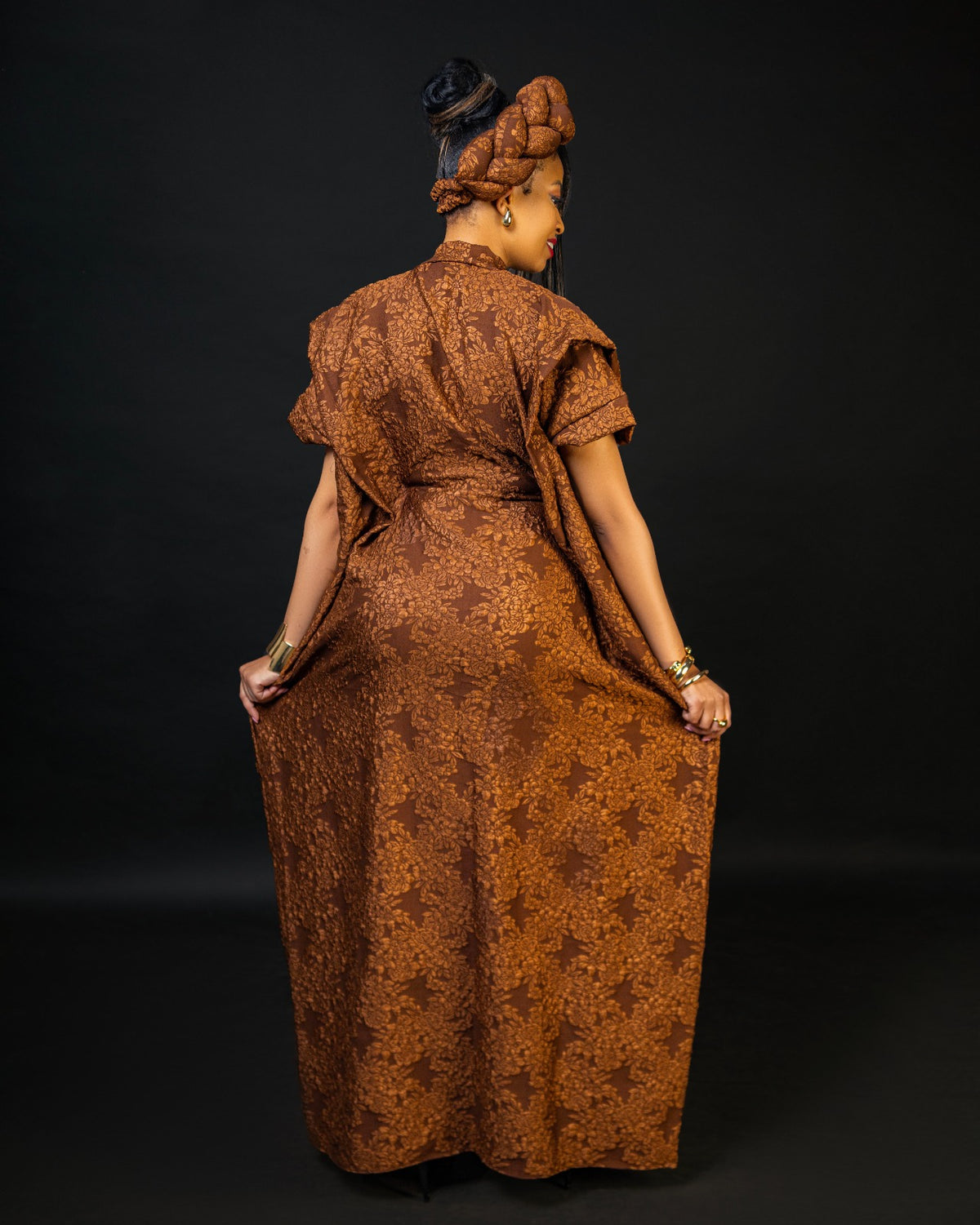 Noma Textured Crepe Maxi Kaftan with Matching Headpiece Set - Brown